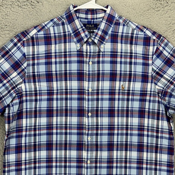 Polo Ralph Lauren Mens Button Down Shirt 2XL Blue Plaid Classic Fit Flesh Pony